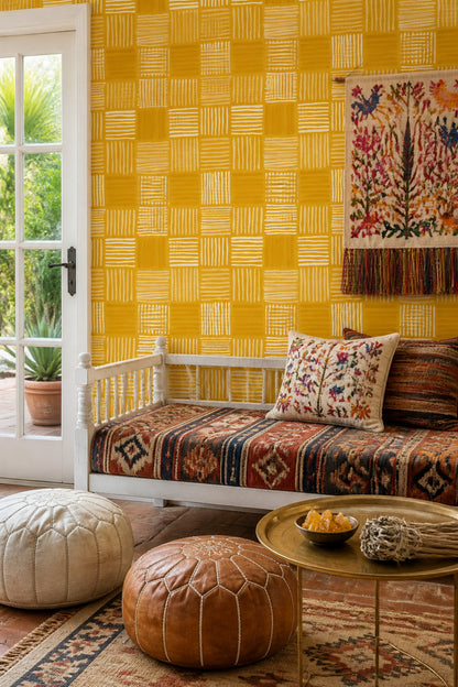 Mustard Yellow Wallpaper Cream Stripes Abstract Geometric Decorative Mural