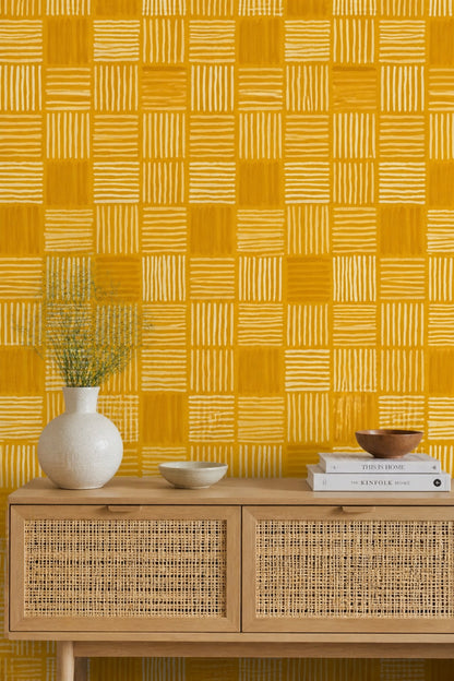 Mustard Yellow Wallpaper Cream Stripes Abstract Geometric Decorative Mural