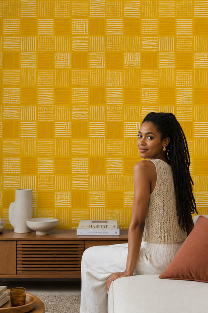 Mustard Yellow Wallpaper Cream Stripes Abstract Geometric Decorative Mural