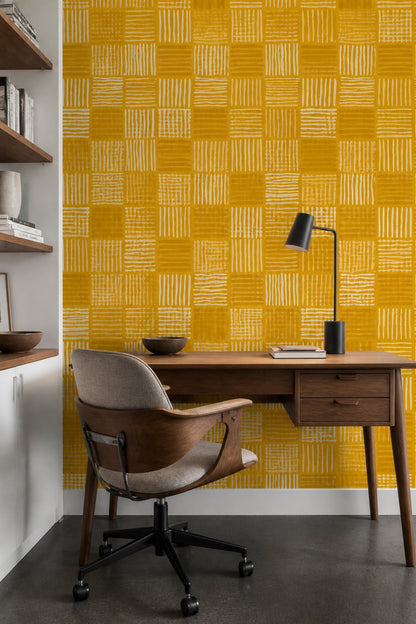 Mustard Yellow Wallpaper Cream Stripes Abstract Geometric Decorative Mural