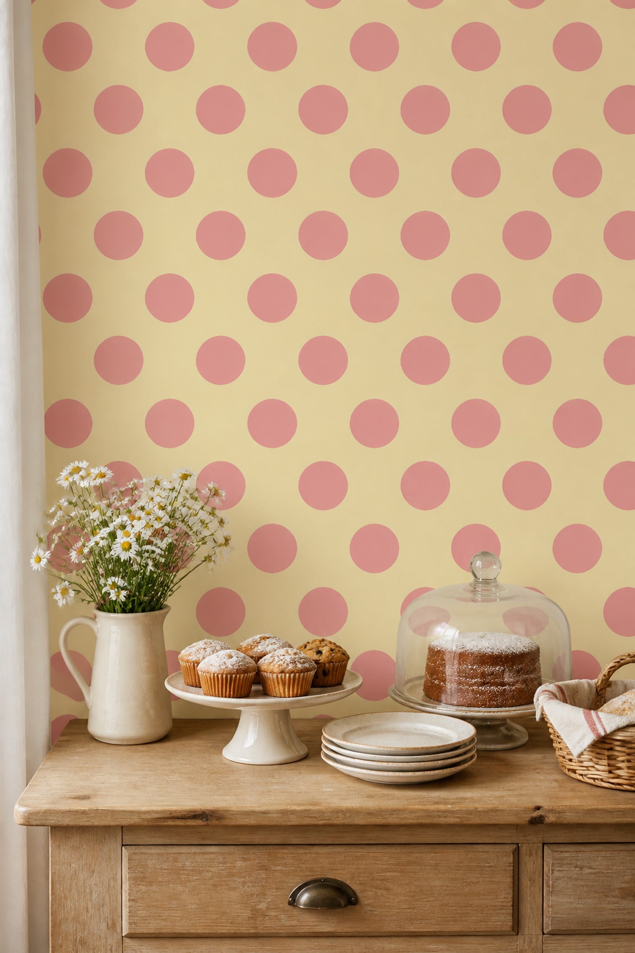 Polka Dots Wallpaper Pink Dots Yellow Background Decorative Mural