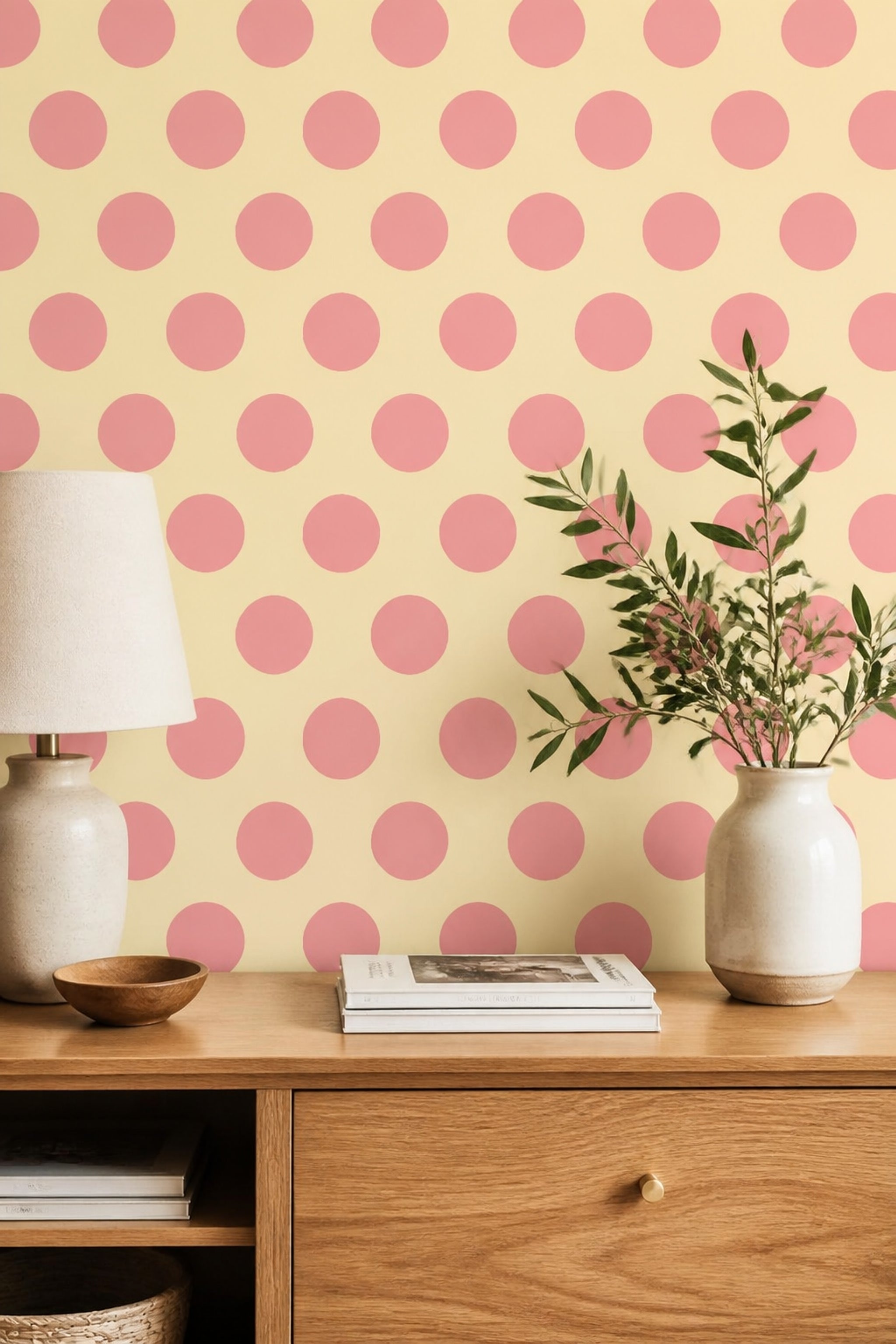 Polka Dots Wallpaper Pink Dots Yellow Background Decorative Mural