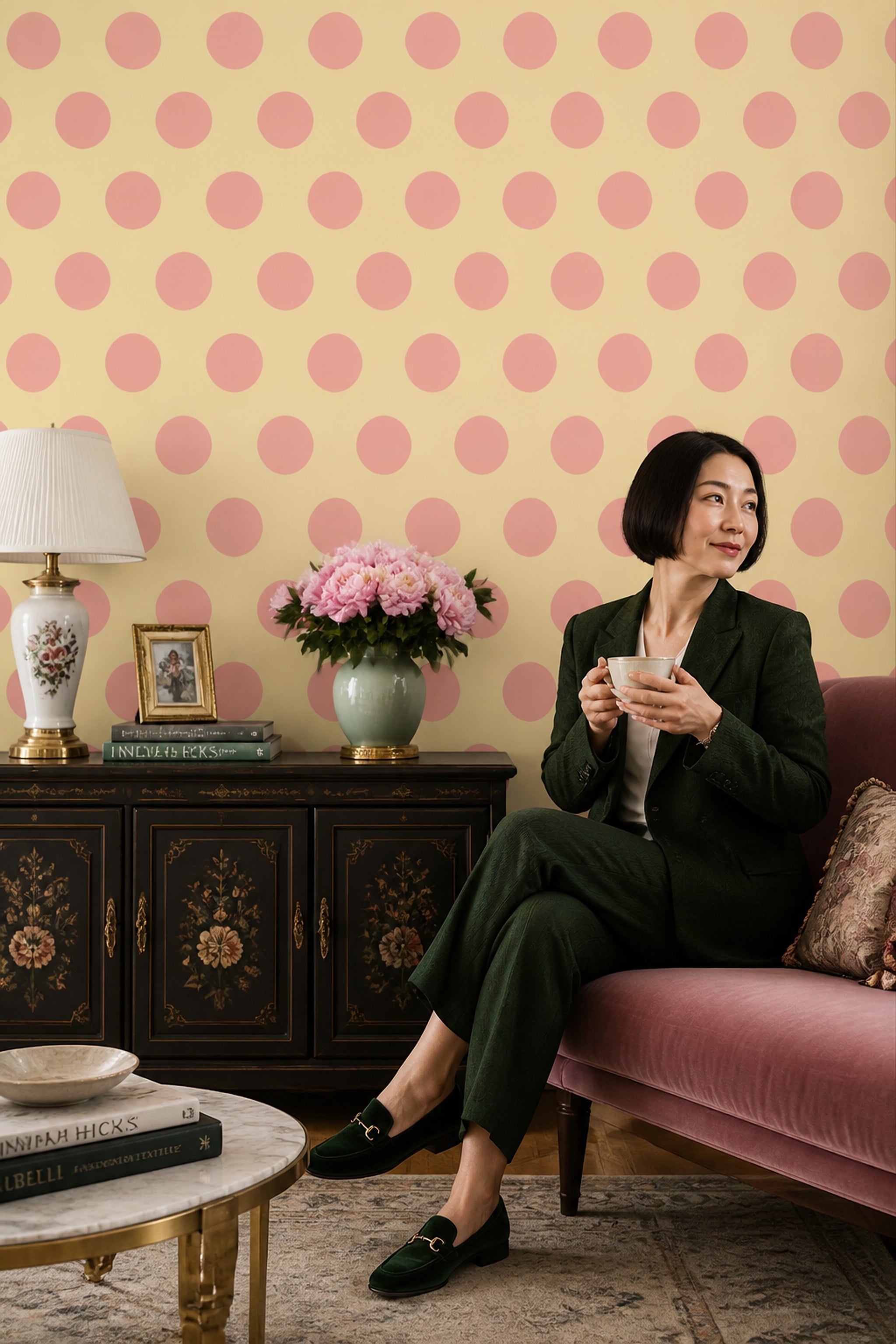 Polka Dots Wallpaper Pink Dots Yellow Background Decorative Mural