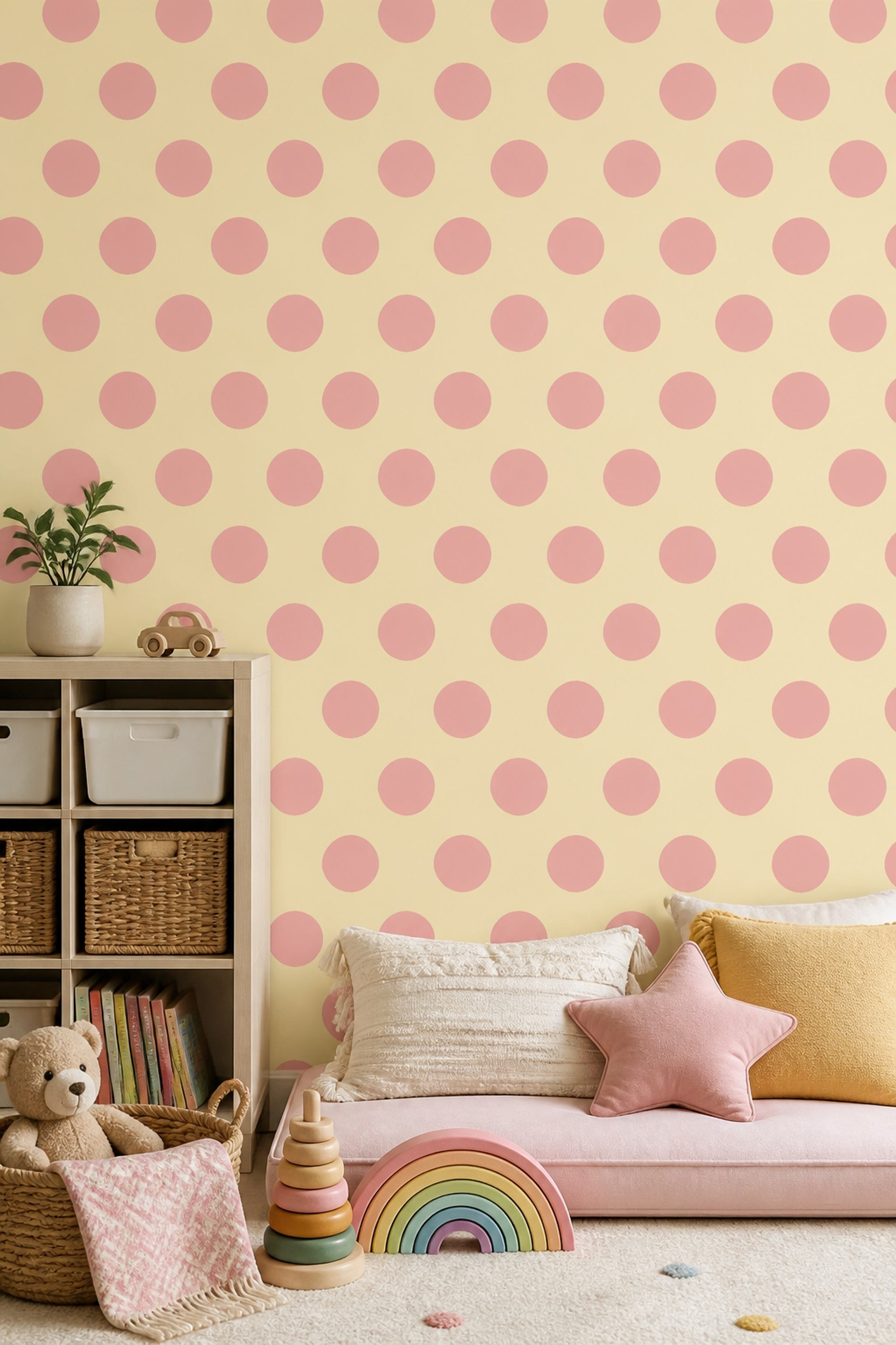 Polka Dots Wallpaper Pink Dots Yellow Background Decorative Mural