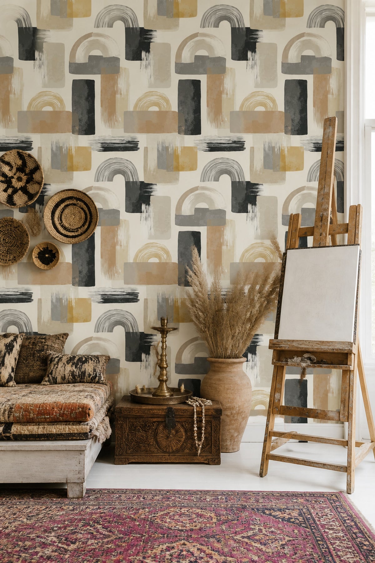 Abstract Wallpaper Geometric Removable Brush Strokes Wall Double Roll