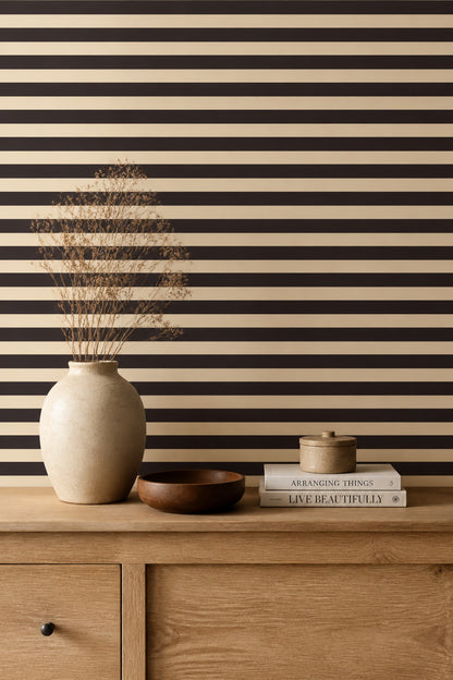 Horizontal Stripes Wallpaper Dark Brown Minimalist Decorative Mural