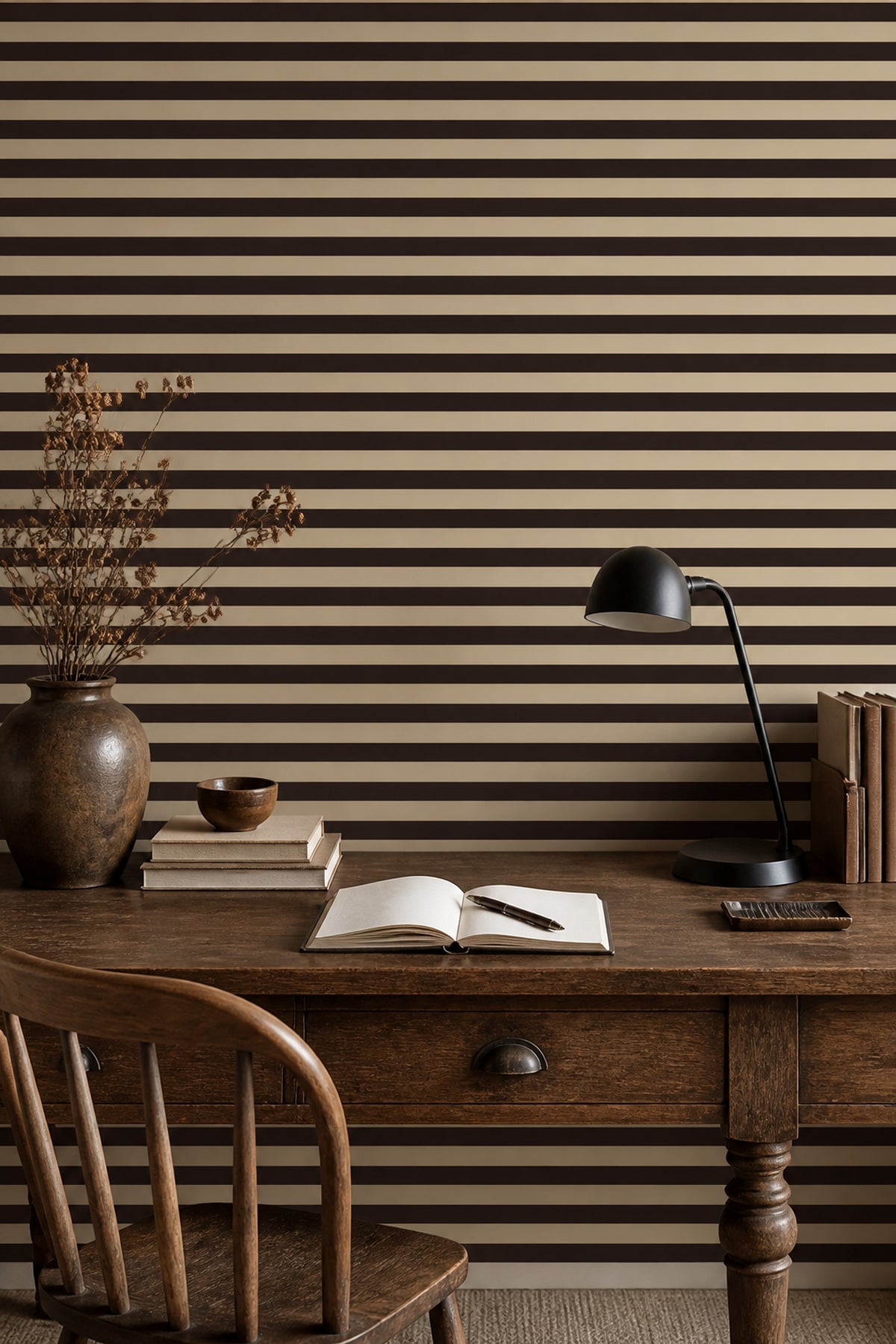 Horizontal Stripes Wallpaper Dark Brown Minimalist Decorative Mural