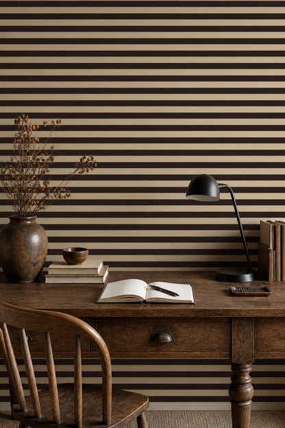 Horizontal Stripes Wallpaper Dark Brown Minimalist Decorative Mural