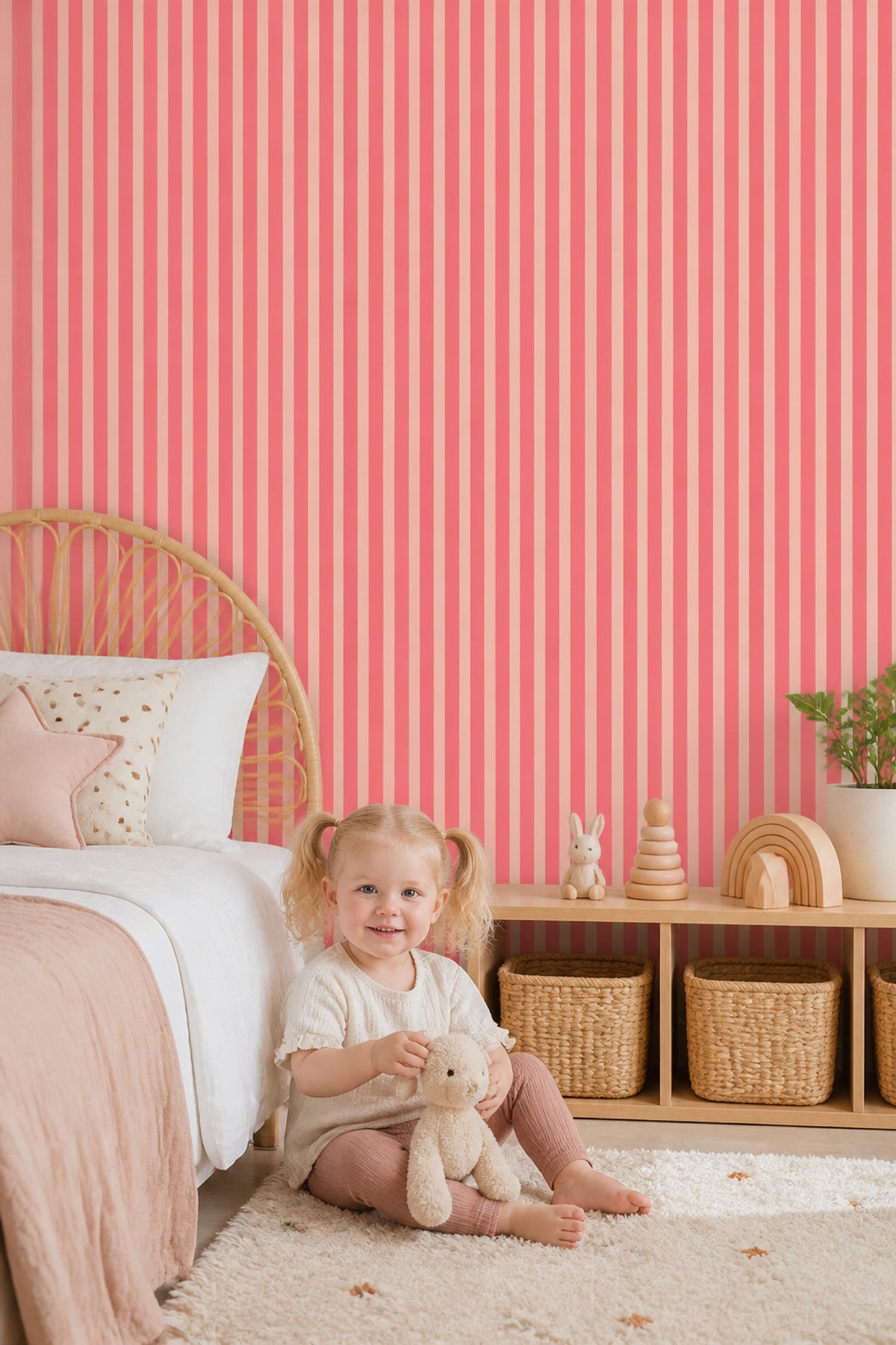 Vertical Stripes Wallpaper Pink Removable Cream Wall Double Roll