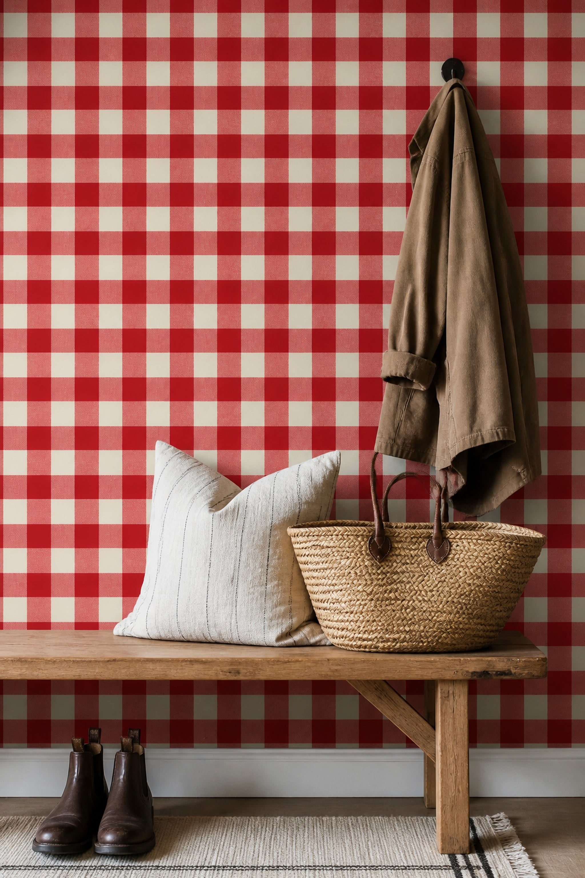 Red Gingham Wallpaper Buffalo Check Plaid Removable Wall Decor