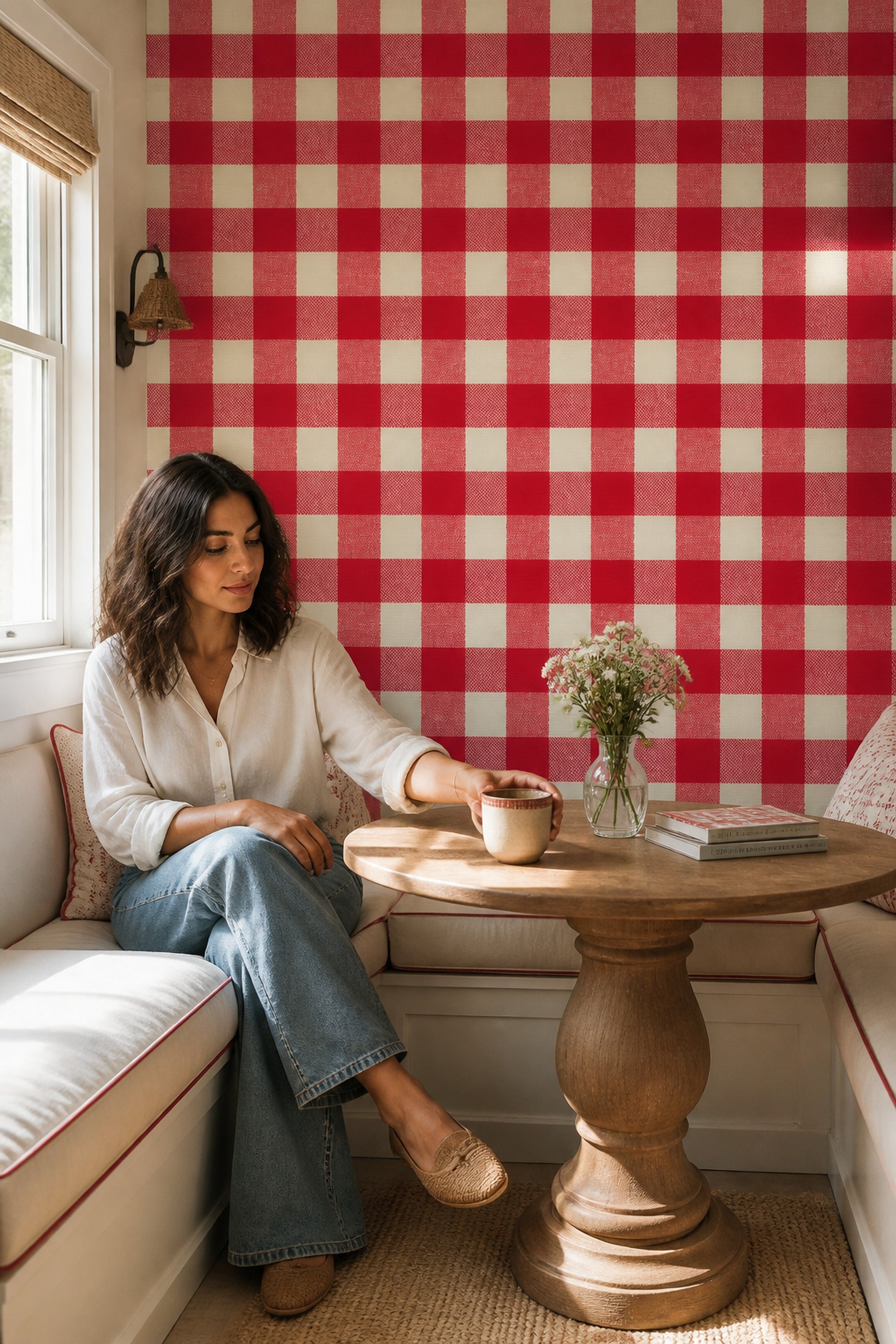 Red Gingham Wallpaper Buffalo Check Plaid Removable Wall Decor