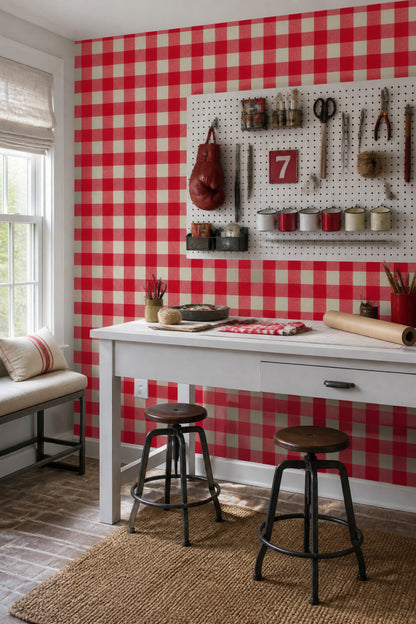 Red Gingham Wallpaper Buffalo Check Plaid Removable Wall Decor
