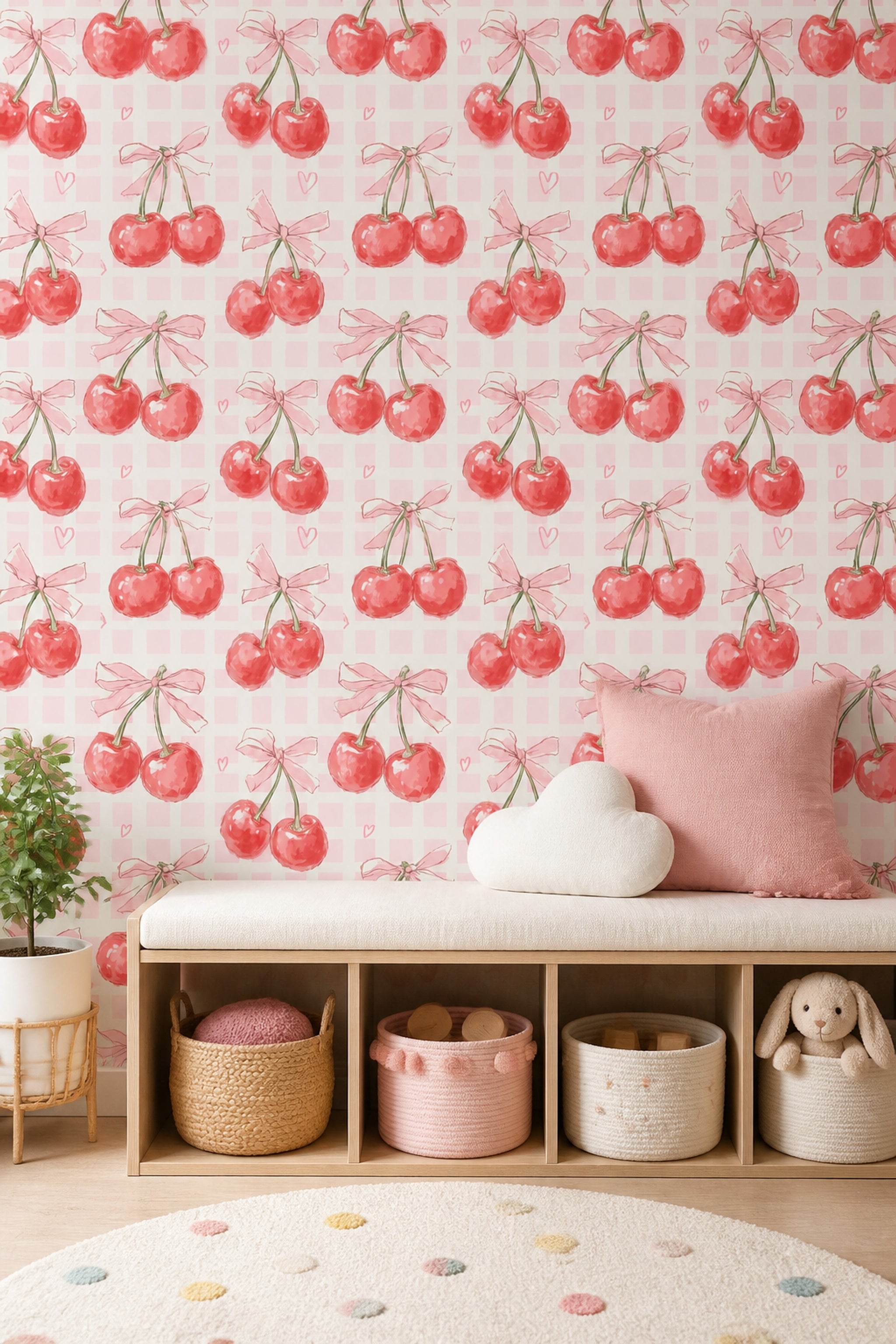 Cherries Wallpaper Pink Gingham Decorative Mural