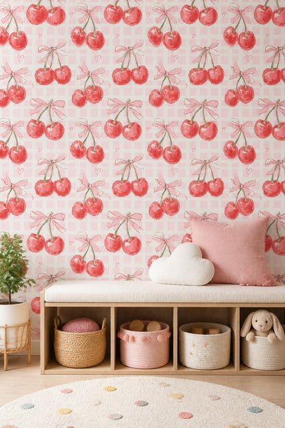 Cherries Wallpaper Pink Gingham Decorative Mural