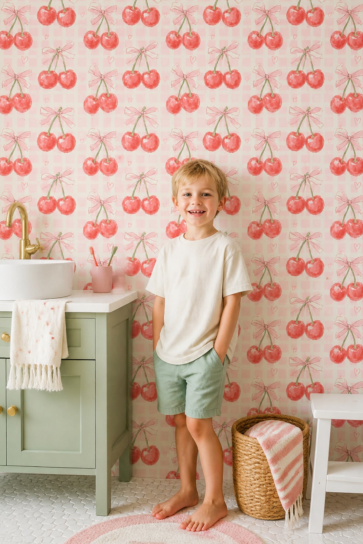 Cherries Wallpaper Pink Gingham Decorative Mural