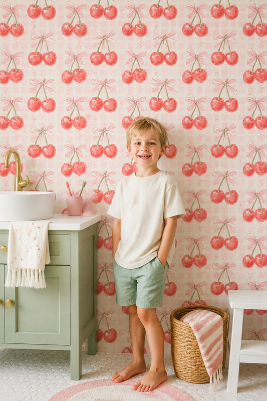 Cherries Wallpaper Pink Gingham Decorative Mural