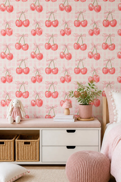 Cherries Wallpaper Pink Gingham Decorative Mural