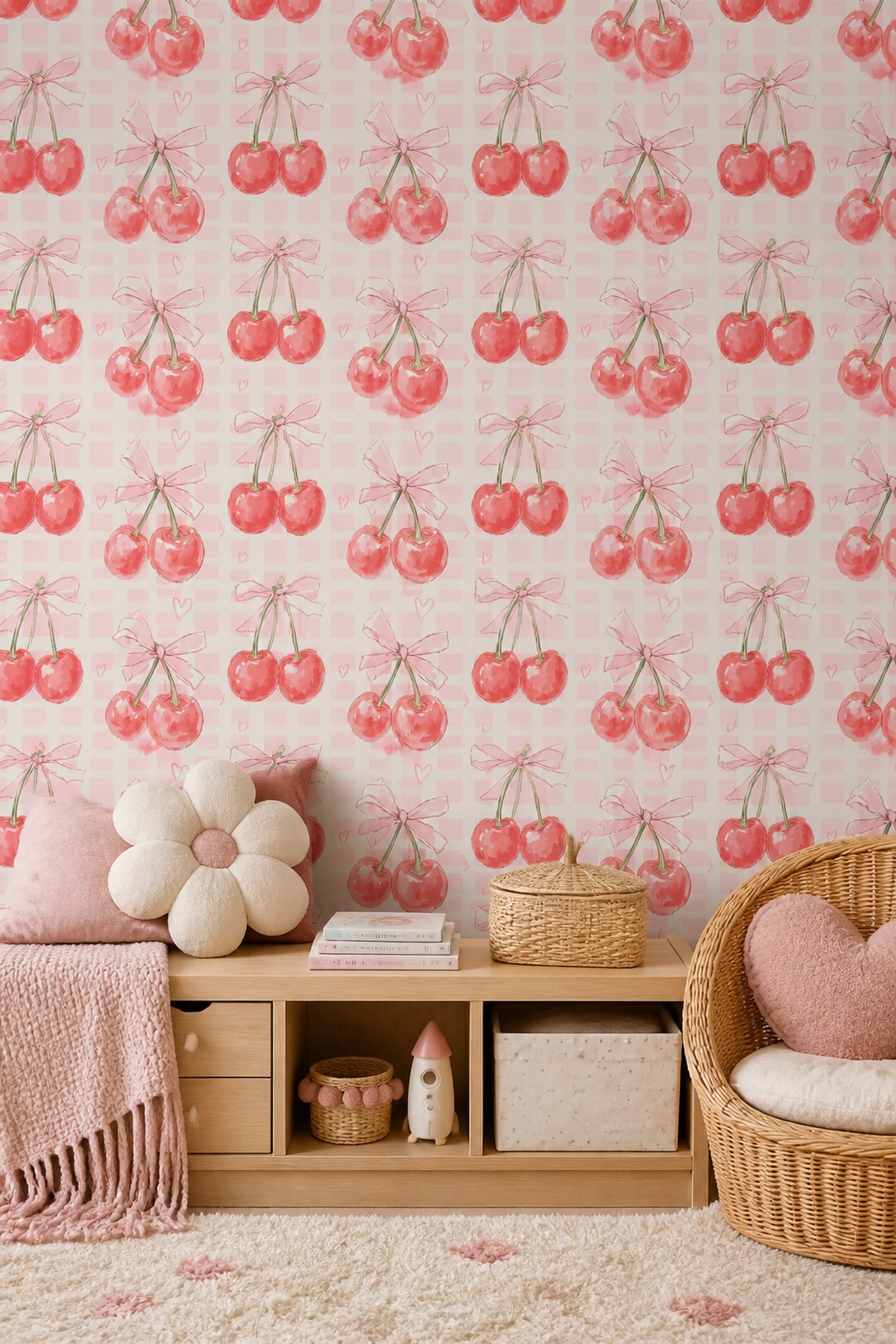 Cherries Wallpaper Pink Gingham Decorative Mural