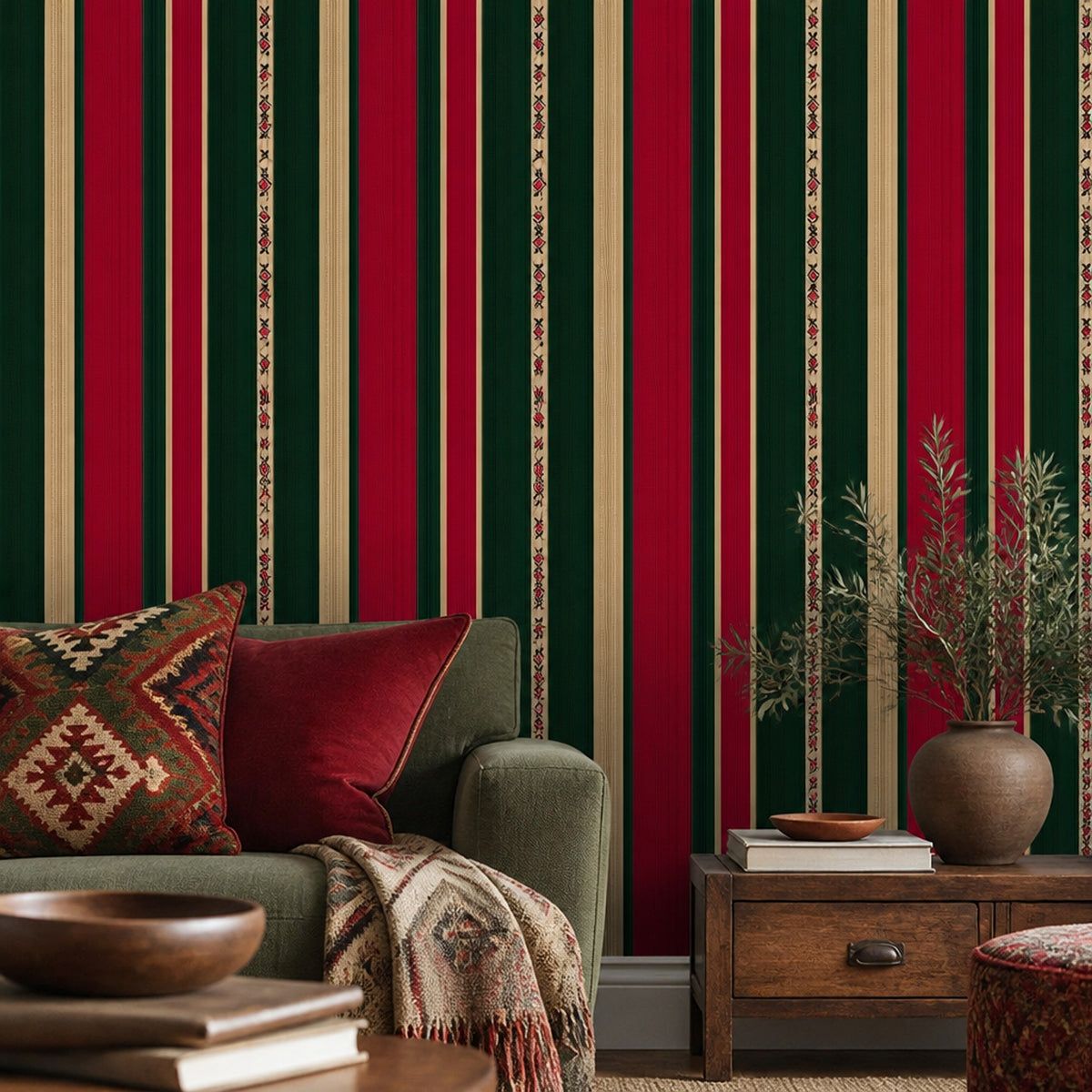 Dark Striped Wallpaper Tribal Border Geometric Textile Removable Wall Decor