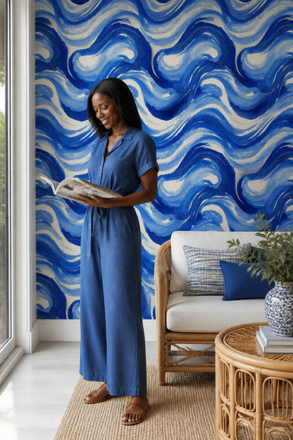 Blue Abstract Wallpaper Watercolor Swirls Decorative Mural