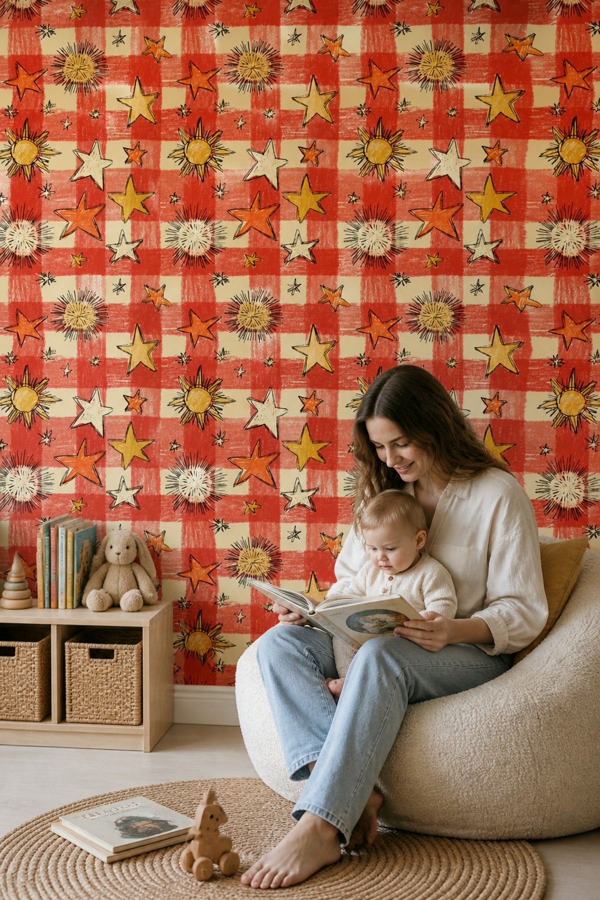 Red Gingham Wallpaper Stars Sunburst Removable Wall Decor