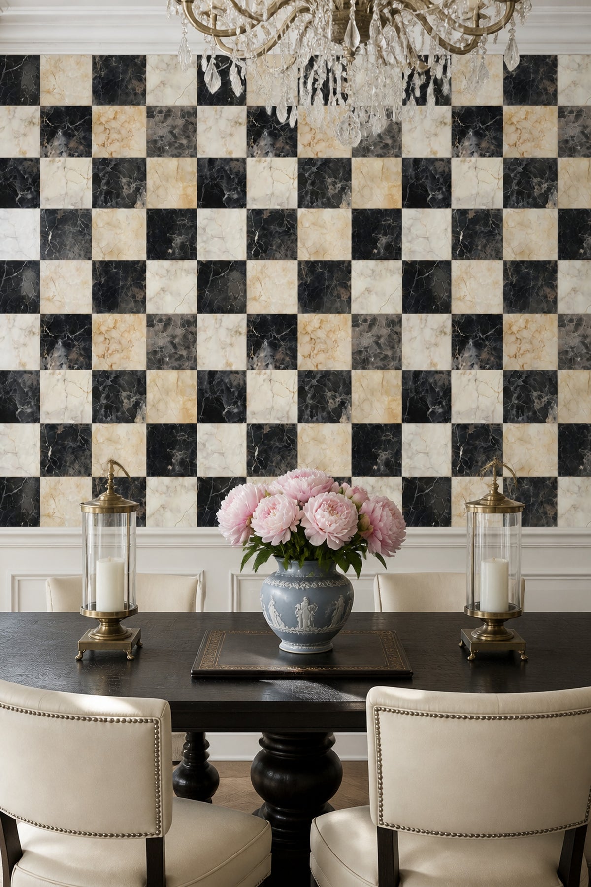 Dark Marble Wallpaper Checkerboard Gold Veining Removable Wall Decor