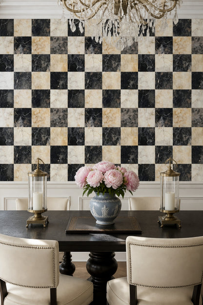 Dark Marble Wallpaper Checkerboard Gold Veining Removable Wall Decor