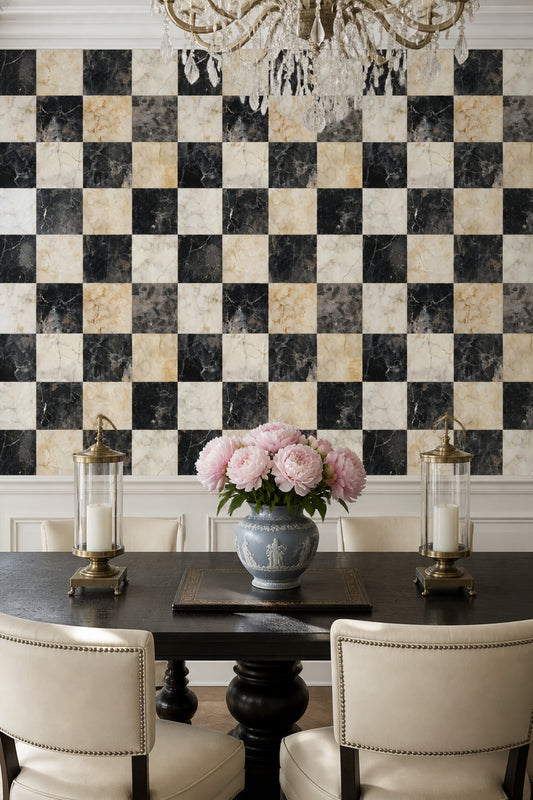 Dark Marble Wallpaper Checkerboard Gold Veining Removable Wall Decor
