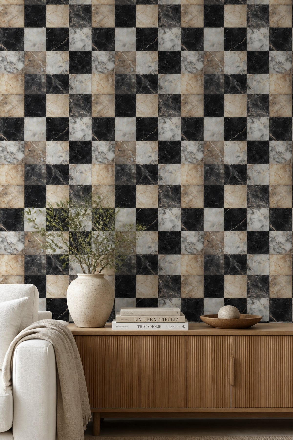 Black Marble Wallpaper Checkered Geometric Decorative Mural
