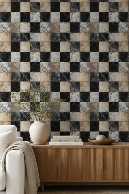 Black Marble Wallpaper Checkered Geometric Decorative Mural