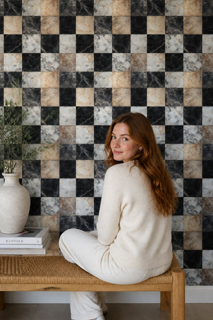 Black Marble Wallpaper Checkered Geometric Decorative Mural