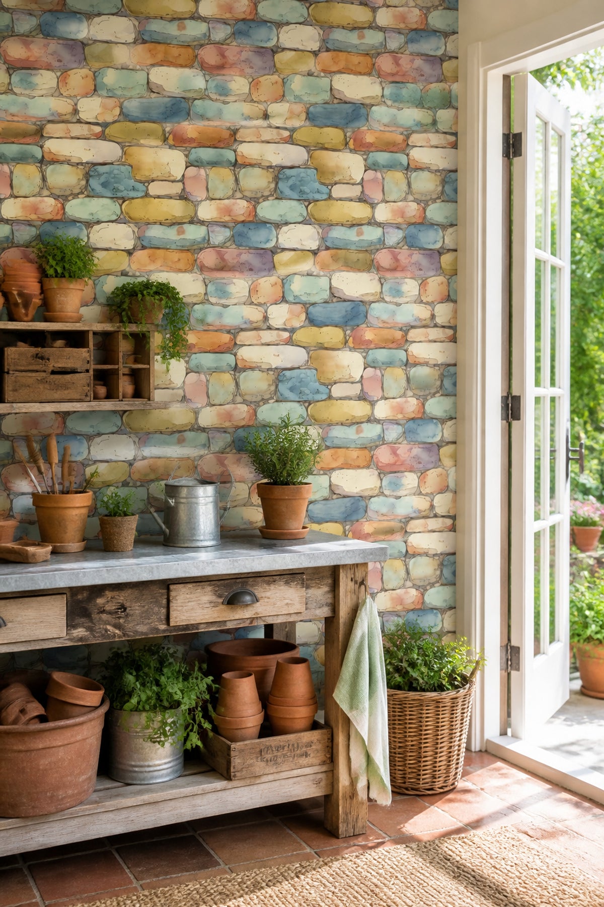 Stone Wall Wallpaper Pastel Watercolor Removable Wall Decor