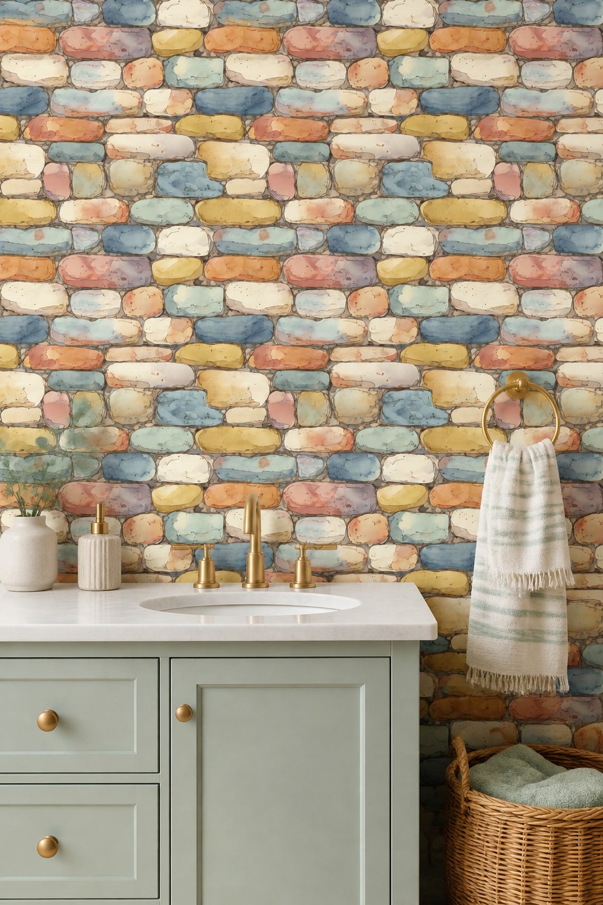 Stone Wall Wallpaper Pastel Watercolor Removable Wall Decor