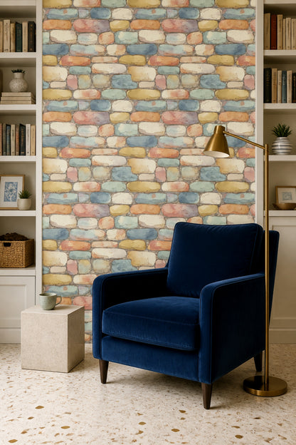 Stone Wall Wallpaper Pastel Watercolor Removable Wall Decor