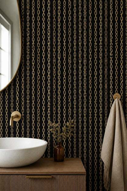 Gold Chains Wallpaper Black Background Removable Glam Industrial Wall Double Roll
