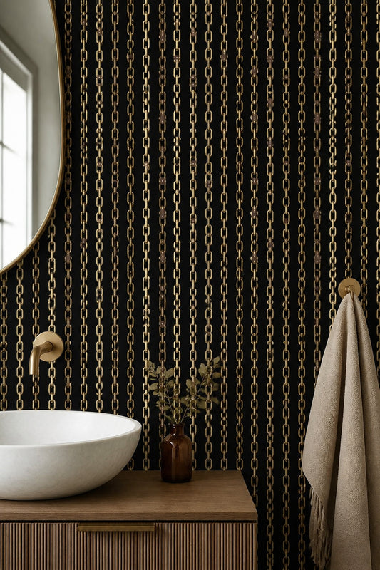 Gold Chains Wallpaper Black Background Removable Glam Industrial Wall Double Roll