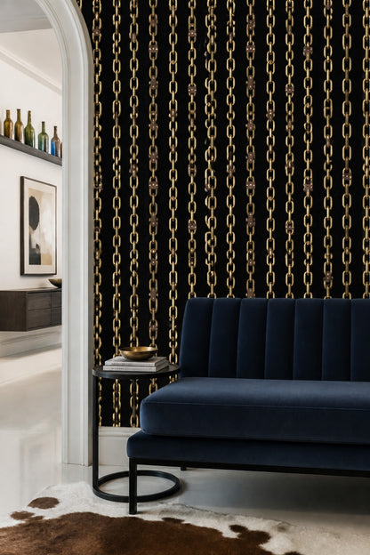 Gold Chains Wallpaper Black Background Removable Glam Industrial Wall Double Roll