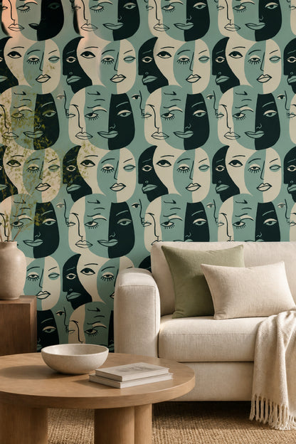 Abstract Faces Wallpaper Portrait Removable Line Art Wall Double Roll