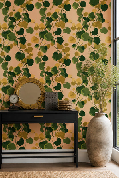 Botanical Wallpaper Tropical Leaves Peach Background Removable Wall Decor