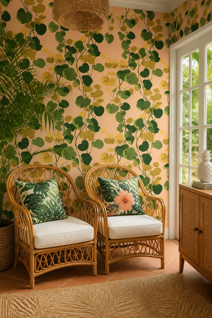Botanical Wallpaper Tropical Leaves Peach Background Removable Wall Decor