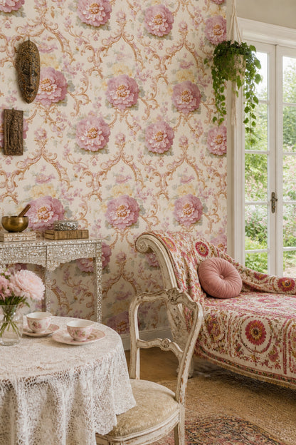 Floral Wallpaper Damask Cream Background Removable Wall Decor