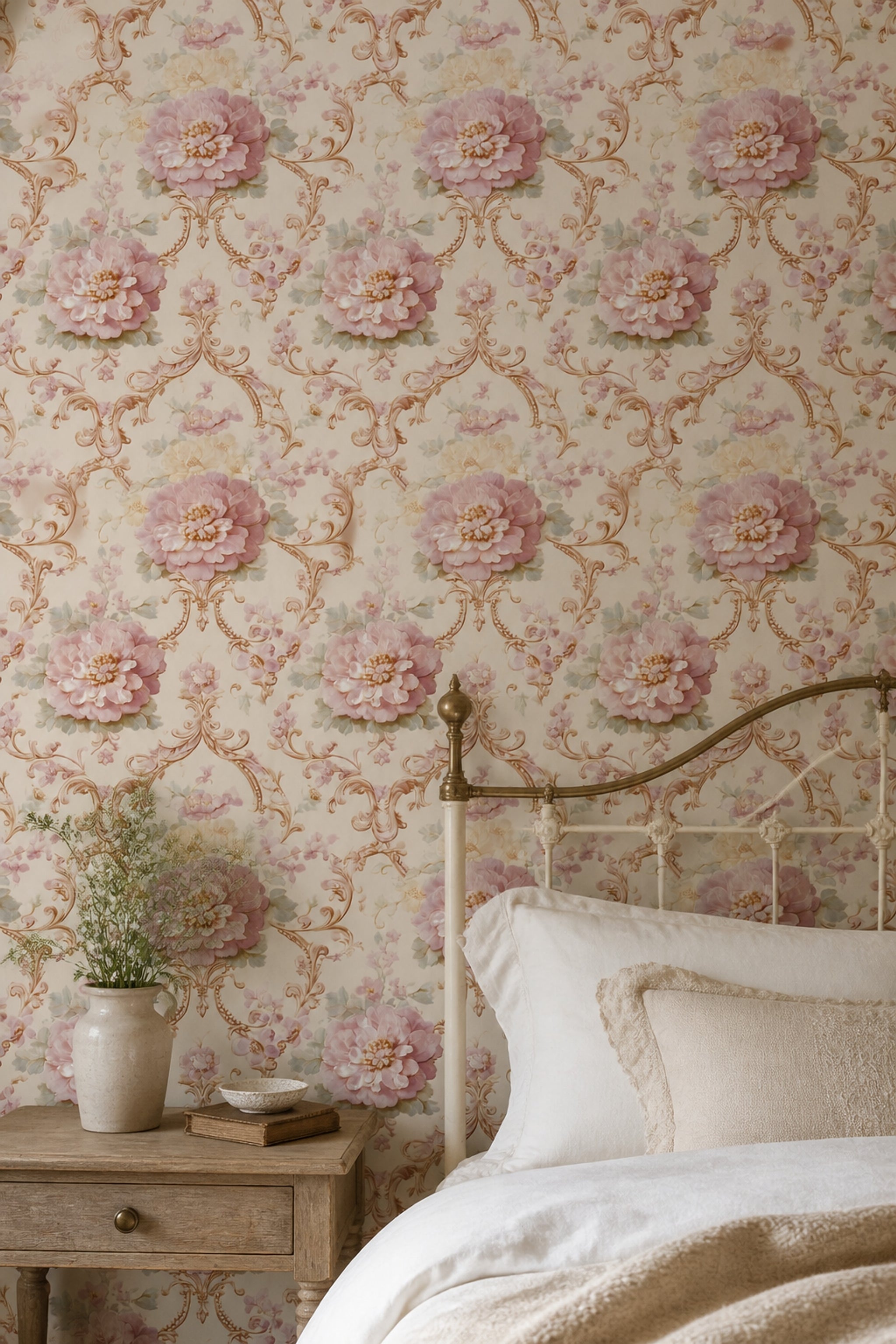Floral Wallpaper Damask Cream Background Removable Wall Decor