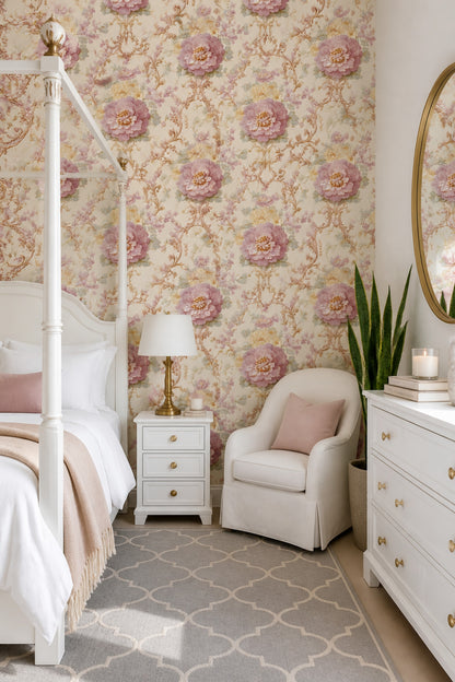 Floral Wallpaper Damask Cream Background Removable Wall Decor