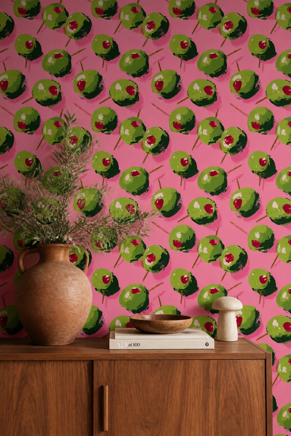 Painted Olives Wallpaper Pink Background Pop Art Decorative Mural