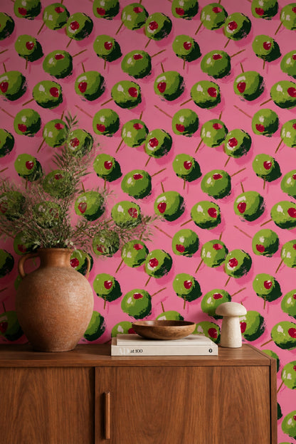 Painted Olives Wallpaper Pink Background Pop Art Decorative Mural