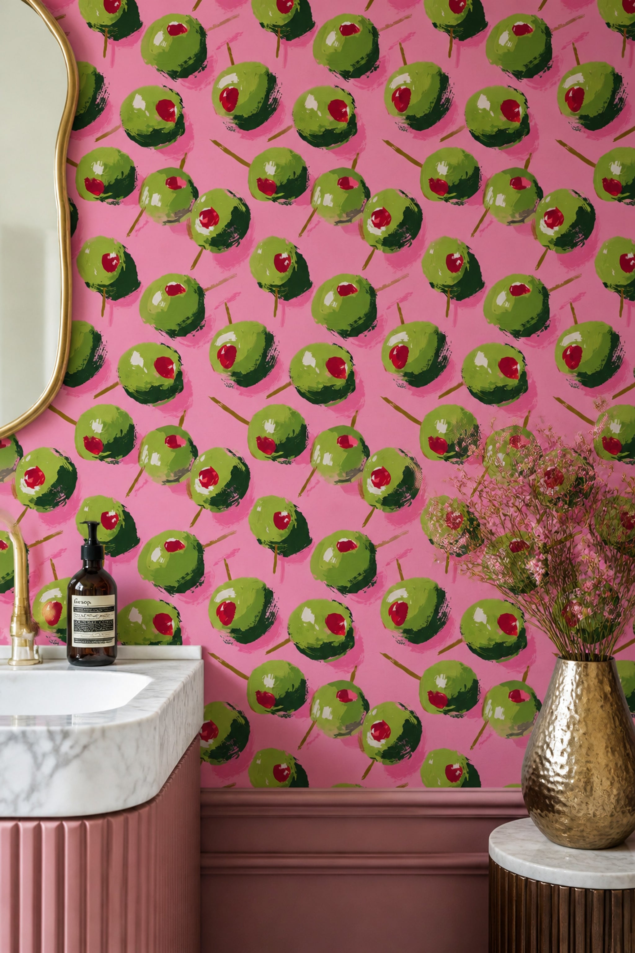 Painted Olives Wallpaper Pink Background Pop Art Decorative Mural