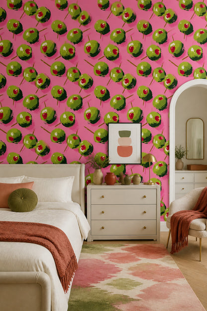 Painted Olives Wallpaper Pink Background Pop Art Decorative Mural