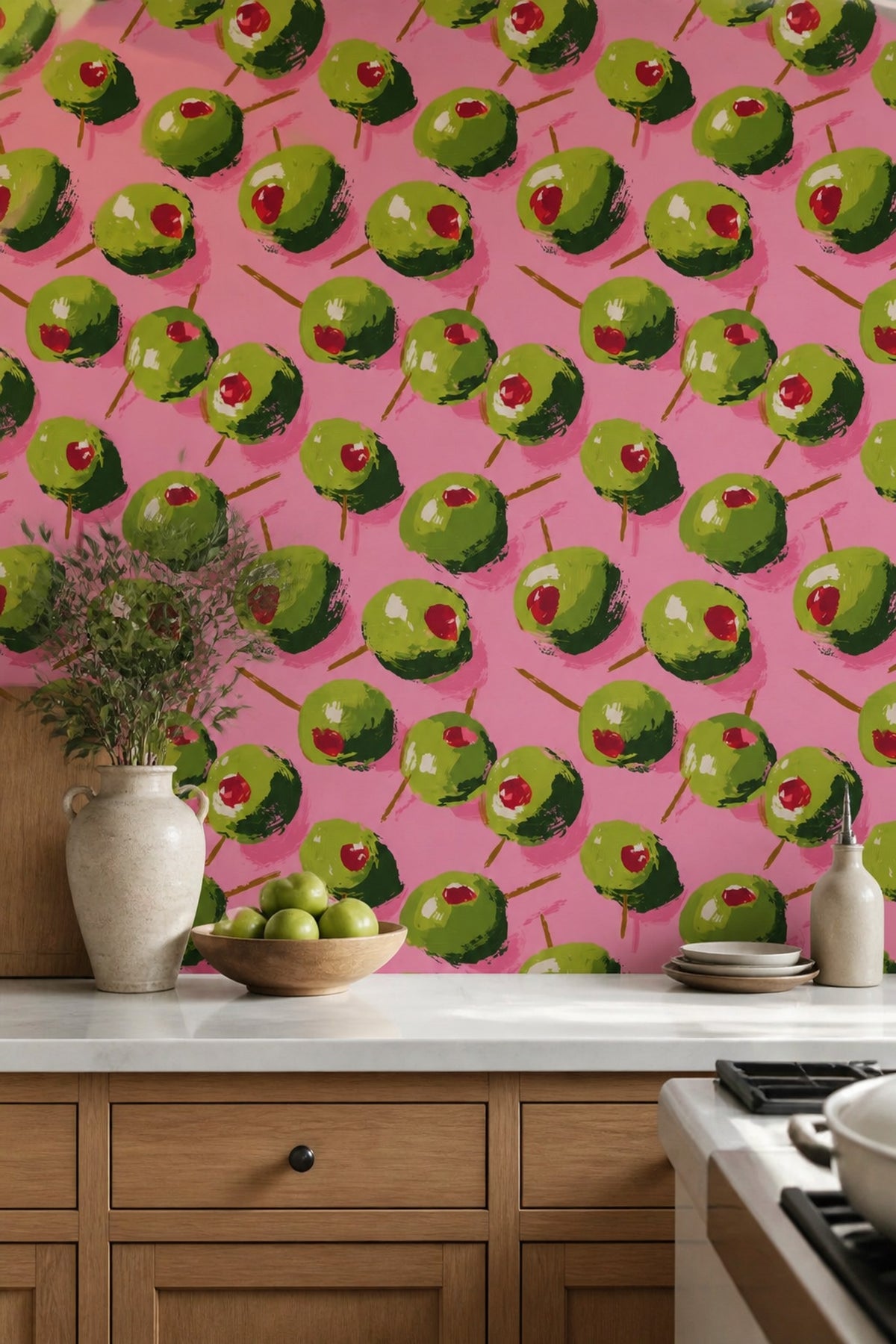 Painted Olives Wallpaper Pink Background Pop Art Decorative Mural
