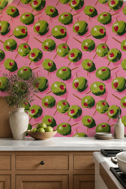 Painted Olives Wallpaper Pink Background Pop Art Decorative Mural
