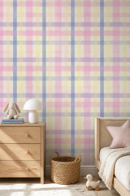 Gingham Pink Wallpaper Pastel Check Watercolor Removable Wall Decor